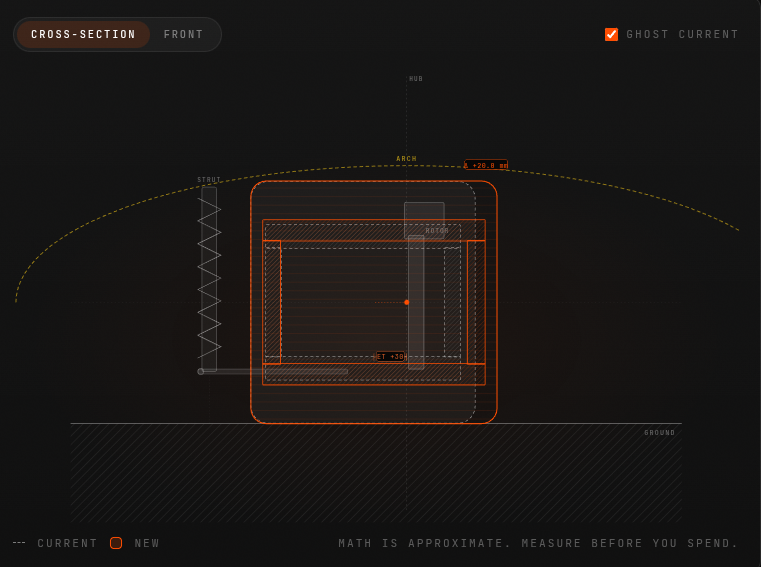 Opus 4.8’s first cross-section attempt: stacked rectangles instead of a tire