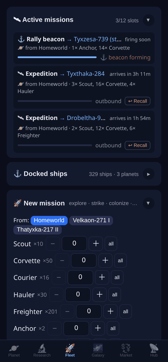 The fleet screen with three missions in flight