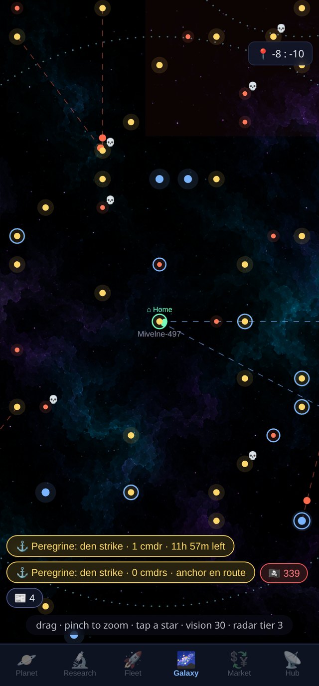 The galaxy map with charted systems, pirate dens, radar rings and convoy routes