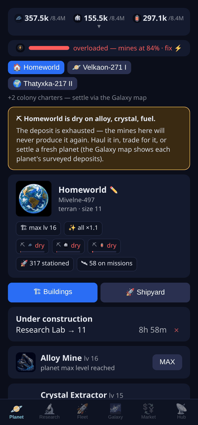 The homeworld screen with resource bar, colony tabs, buildings and construction queue